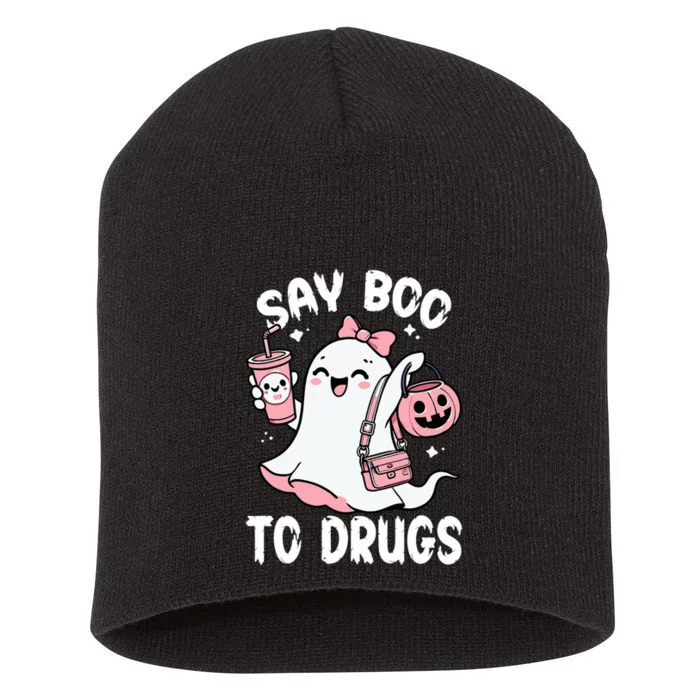 Say Boo To Drugs Funny Halloween Red Ribbon Week Awareness Short Acrylic Beanie