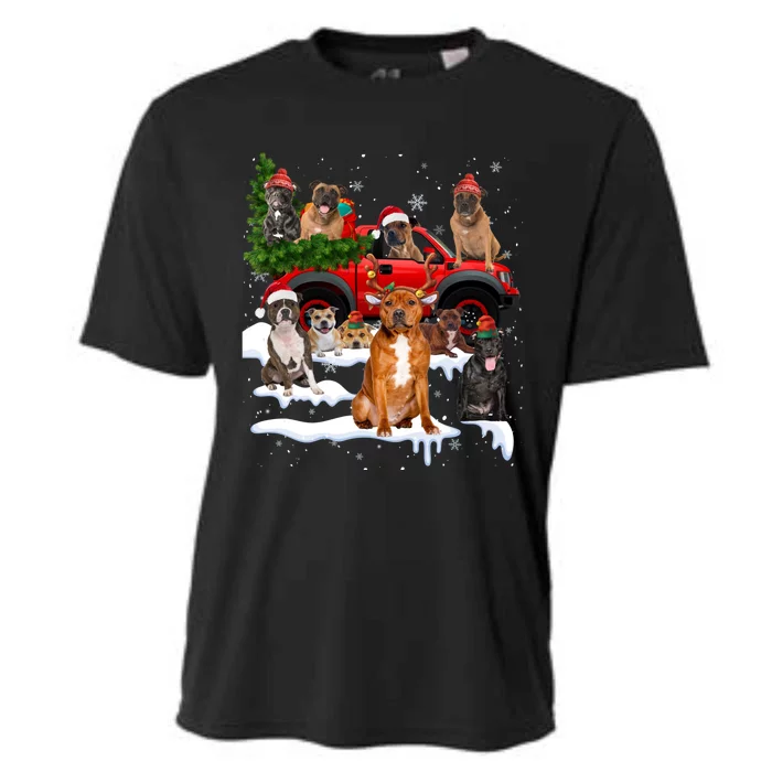 Staffordshire Bull Terrier Red Truck Christmas Tree Santa Gift Cooling Performance Crew T-Shirt