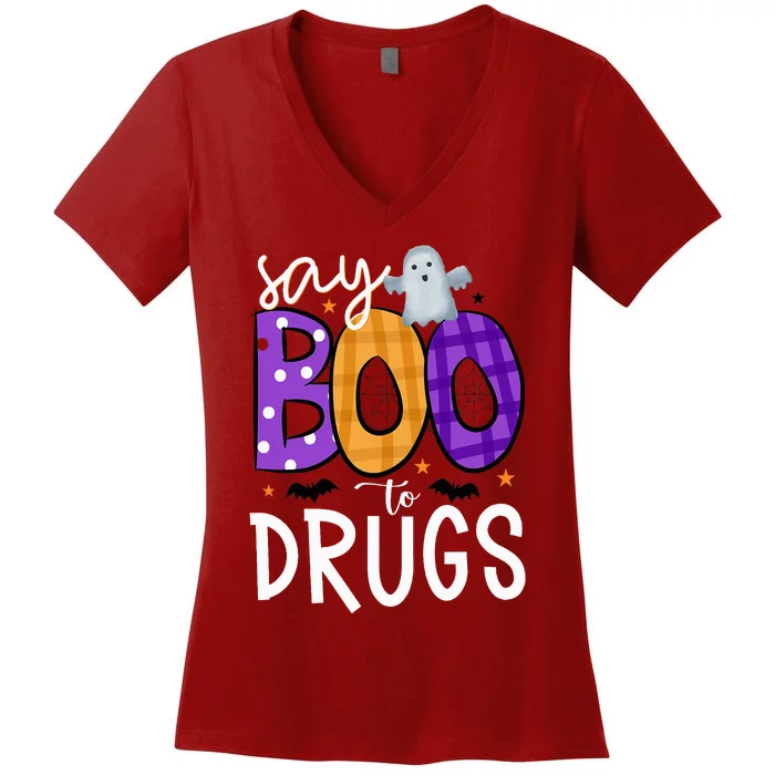 Say Boo To Drugs Funny Halloween Red Ribbon Week Awareness Women's V-Neck T-Shirt