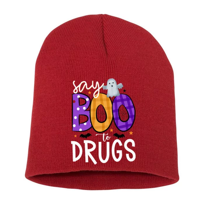 Say Boo To Drugs Funny Halloween Red Ribbon Week Awareness Short Acrylic Beanie