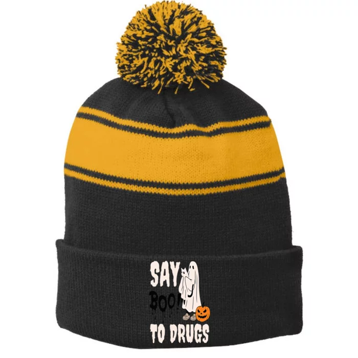 Say Boo To Drugs Funny Halloween Red Ribbon Week Awareness Stripe Pom Pom Beanie