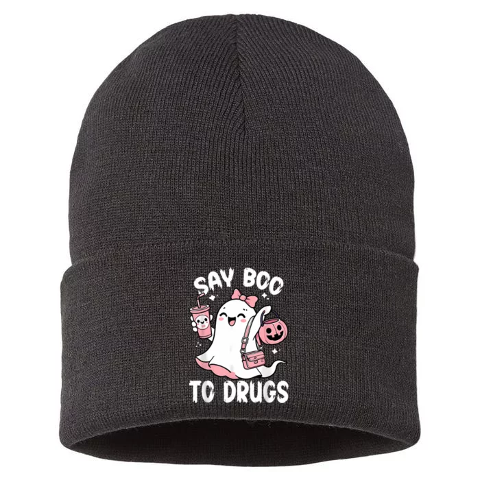 Say Boo To Drugs Funny Halloween Red Ribbon Week Awareness Sustainable Knit Beanie