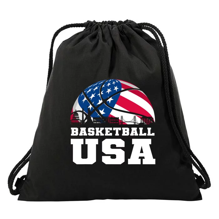 Support Basketball Usa American Flag Drawstring Bag