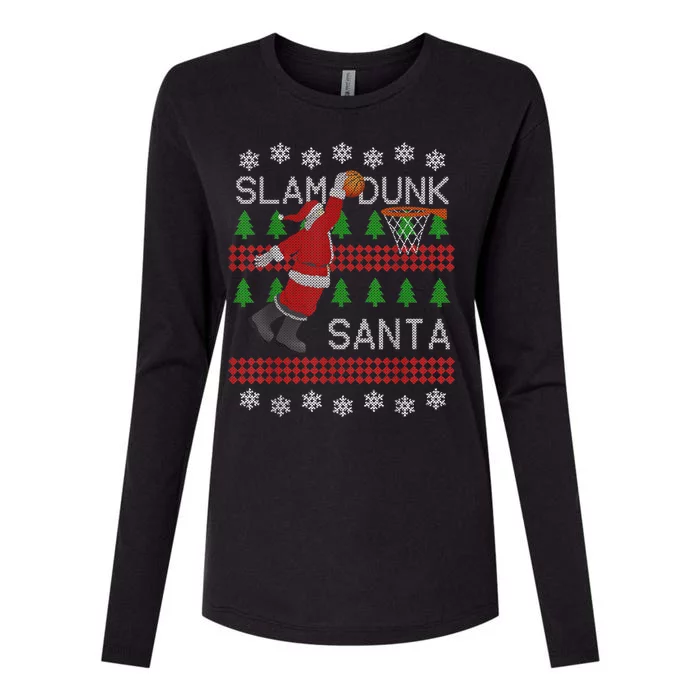 Santa Basketball Ugly Christmas Art Slam Dunk Santa Womens Cotton Relaxed Long Sleeve T-Shirt