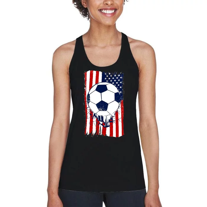 Soccer Ball USA American Flag Patriotic Football Women's Racerback Tank