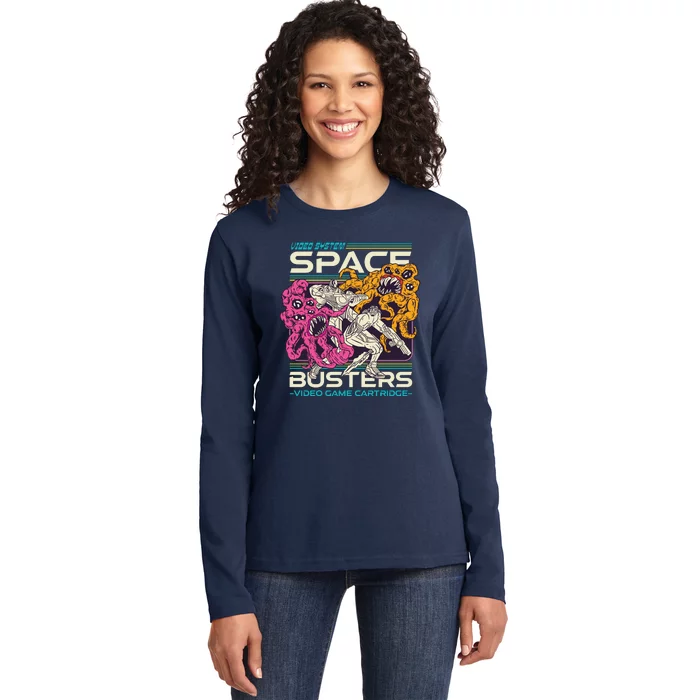 Space Busters Video Game Cartridge Ladies Long Sleeve Shirt