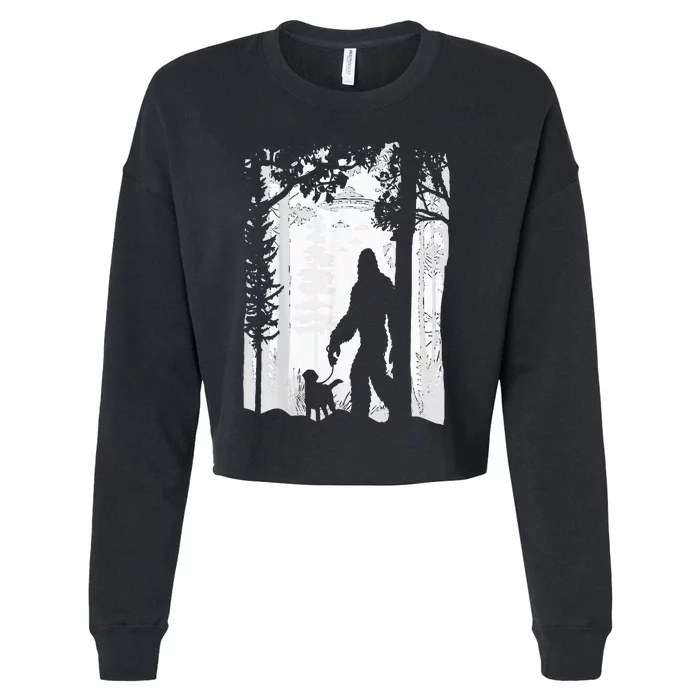 Sasquatch Bigfoot Walking Dog In Woods With Alien Ufos Cropped Pullover Crew