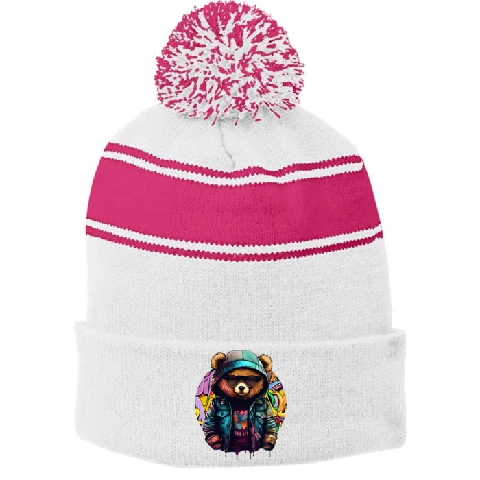 Swag Bear With Cool Glasses Urban Hip Hop Graffiti Art Style Stripe Pom Pom Beanie