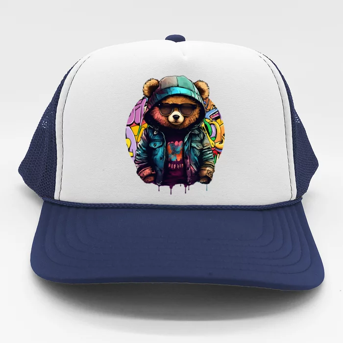 Swag Bear With Cool Glasses Urban Hip Hop Graffiti Art Style Trucker Hat