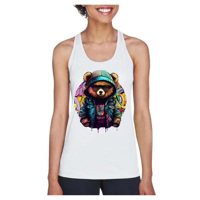 Swag Bear With Cool Glasses Urban Hip Hop Graffiti Art Style Women's Racerback Tank