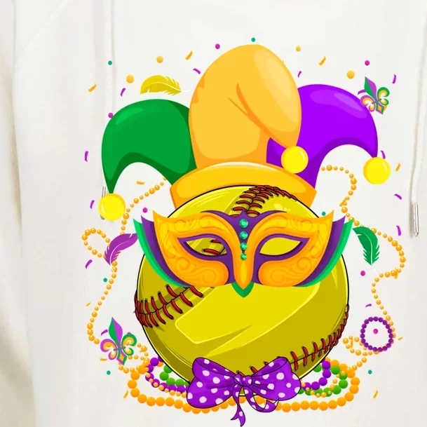 Softball Ball With Jester Hat Mardi Gras Fat Tuesday Parade Gift Womens Funnel Neck Pullover Hood