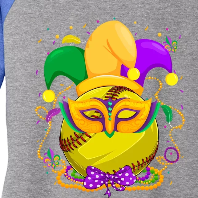 Softball Ball With Jester Hat Mardi Gras Fat Tuesday Parade Gift Women's Tri-Blend 3/4-Sleeve Raglan Shirt