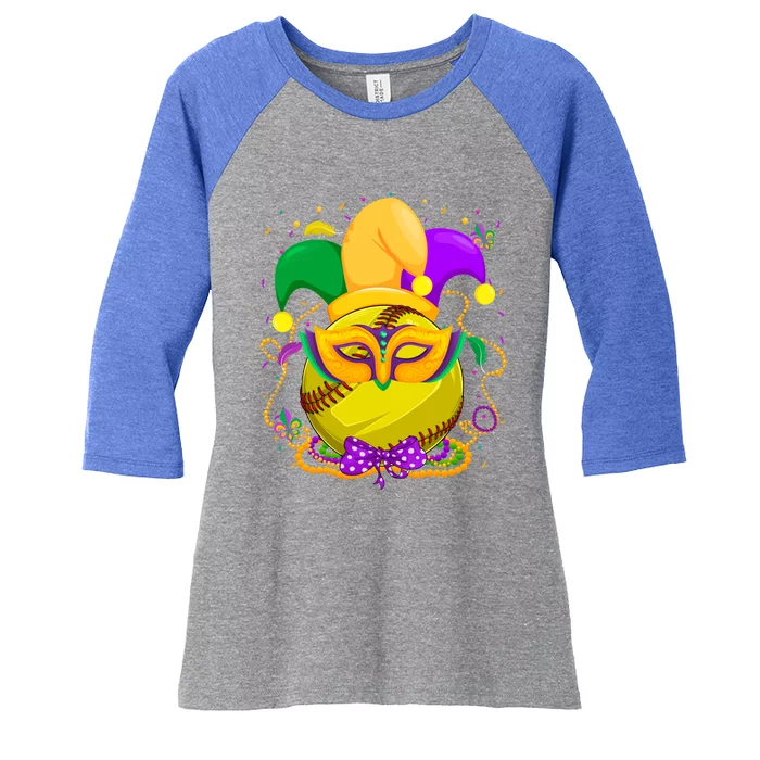 Softball Ball With Jester Hat Mardi Gras Fat Tuesday Parade Gift Women's Tri-Blend 3/4-Sleeve Raglan Shirt