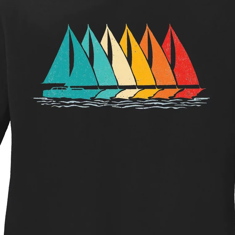 Sailing Boat Yacht Sailor Nautical Retro Sunset Sail Ladies Long Sleeve Shirt