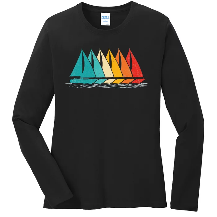 Sailing Boat Yacht Sailor Nautical Retro Sunset Sail Ladies Long Sleeve Shirt