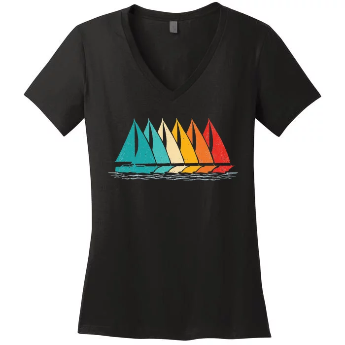 Sailing Boat Yacht Sailor Nautical Retro Sunset Sail Women's V-Neck T-Shirt