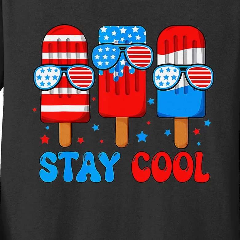 Stay Cool 4th Of July Popsicle American Flag Kids Long Sleeve Shirt