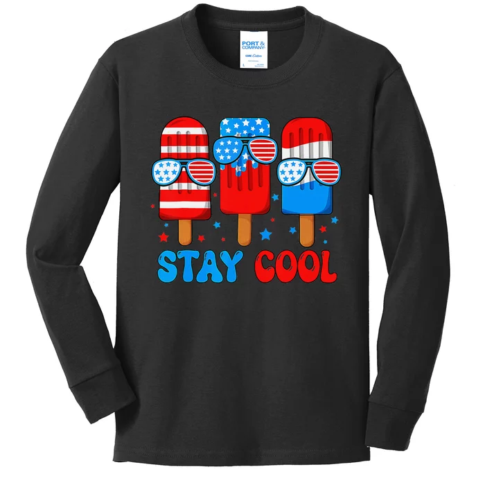 Stay Cool 4th Of July Popsicle American Flag Kids Long Sleeve Shirt