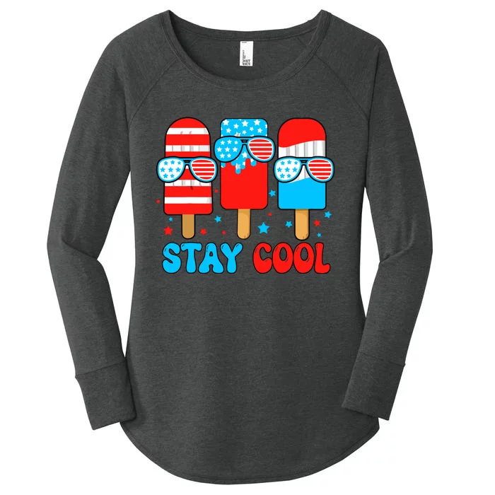 Stay Cool 4th July Popsicle Usa Flag American Women's Perfect Tri Tunic Long Sleeve Shirt