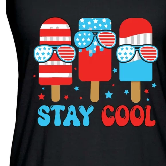 Stay Cool 4th July Popsicle American Flag Ladies Essential Flowy Tank