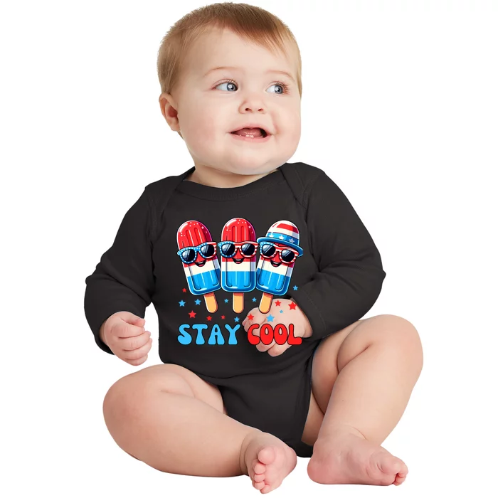 Stay Cool 4th July Popsicle Boy Usa Flag American Baby Long Sleeve Bodysuit