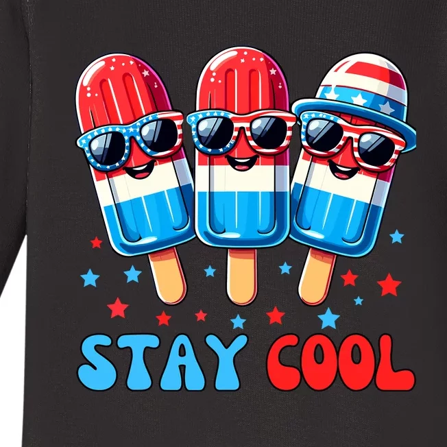 Stay Cool 4th July Popsicle Boy Usa Flag American Baby Long Sleeve Bodysuit