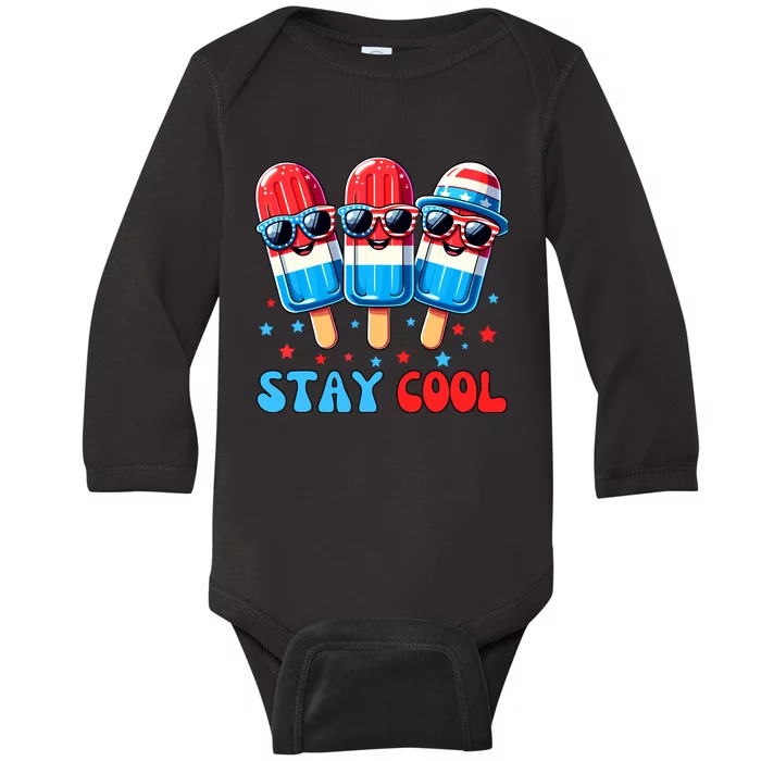 Stay Cool 4th July Popsicle Boy Usa Flag American Baby Long Sleeve Bodysuit