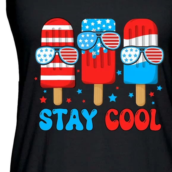 Stay Cool 4th July Usa Flag Funny Popsicle Ladies Essential Flowy Tank