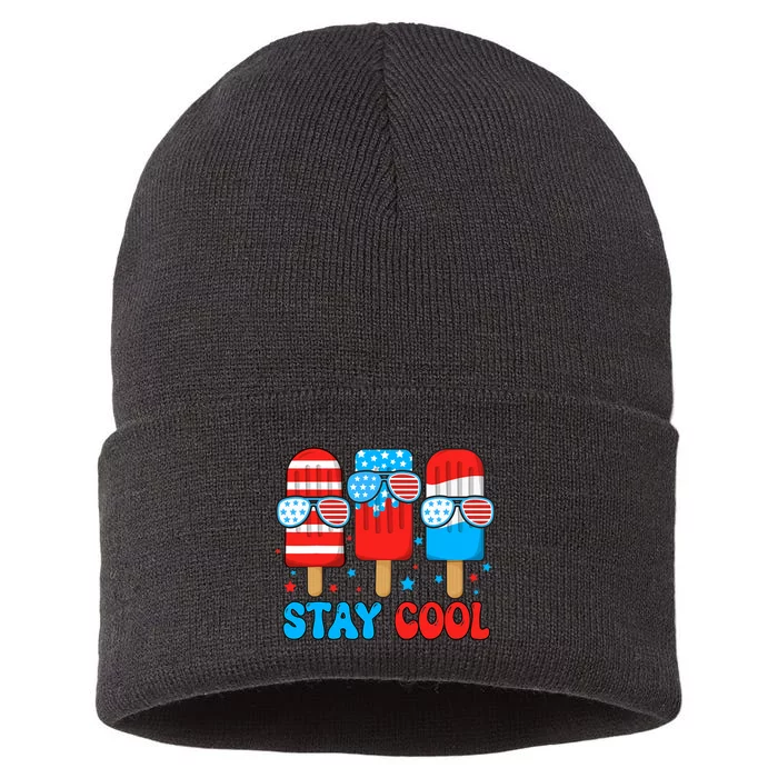 Stay Cool 4th July Usa Flag Funny Popsicle Sustainable Knit Beanie