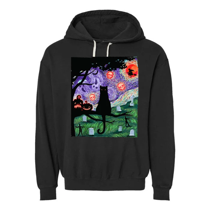 Spooky Cat Art Painting Halloween Garment-Dyed Fleece Hoodie