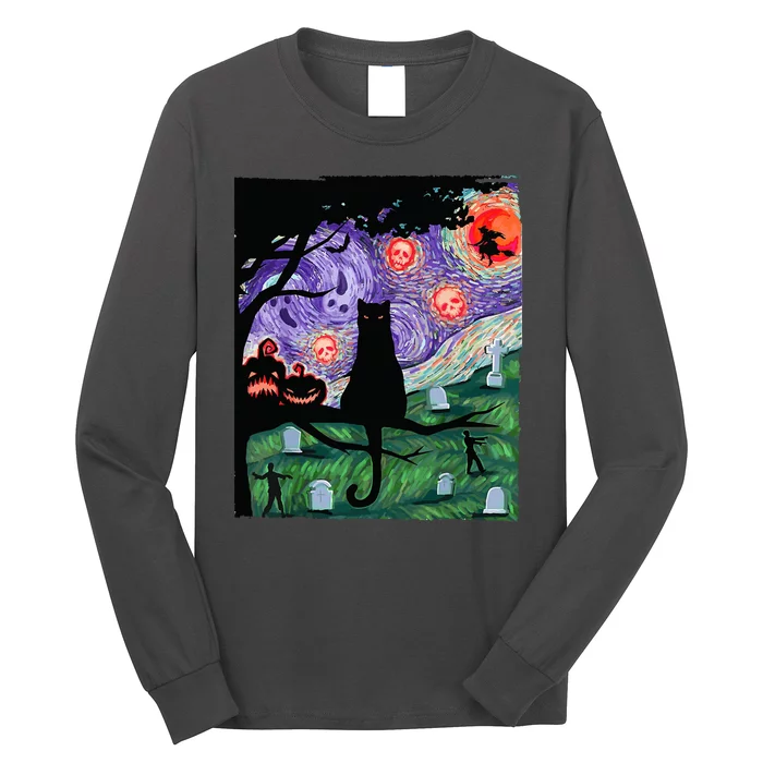 Spooky Cat Art Painting Halloween Long Sleeve Shirt