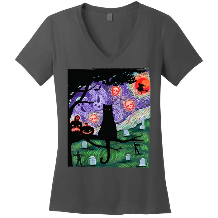 Spooky Cat Art Painting Halloween Women's V-Neck T-Shirt