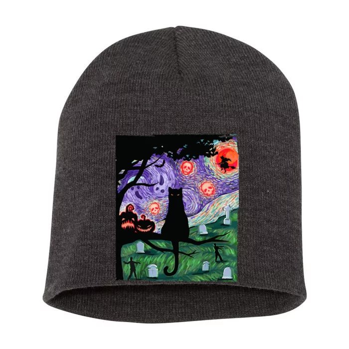 Spooky Cat Art Painting Halloween Short Acrylic Beanie