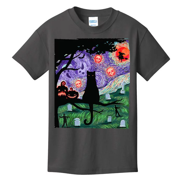 Spooky Cat Art Painting Halloween Kids T-Shirt