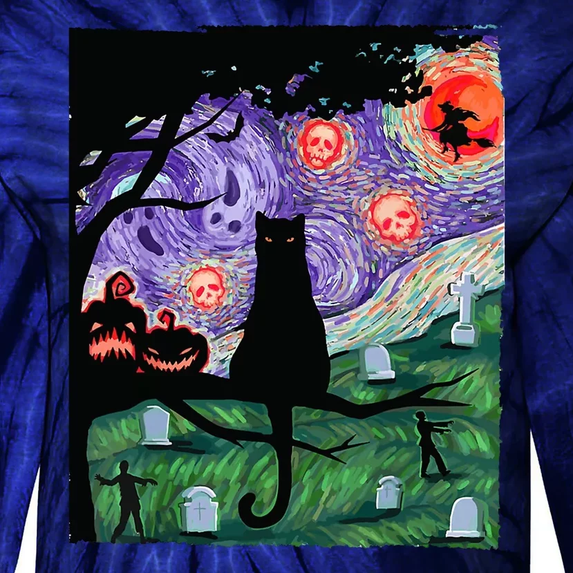 Spooky Cat Art Painting Halloween Tie-Dye Long Sleeve Shirt