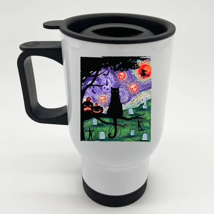 Spooky Cat Art Painting Halloween Front & Back Stainless Steel Travel Mug