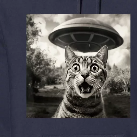 Surprised Cat And UFO Black And White Photo 1950s Alien Premium Hoodie