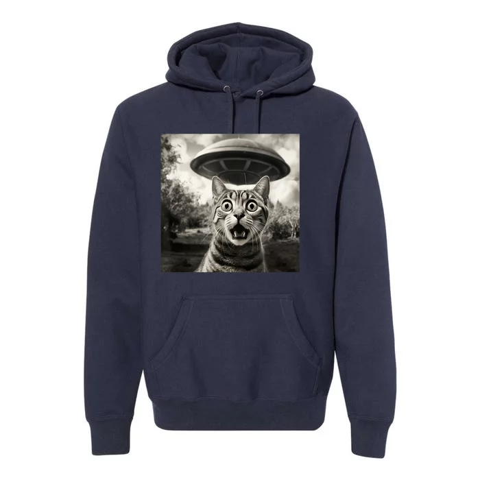 Surprised Cat And UFO Black And White Photo 1950s Alien Premium Hoodie