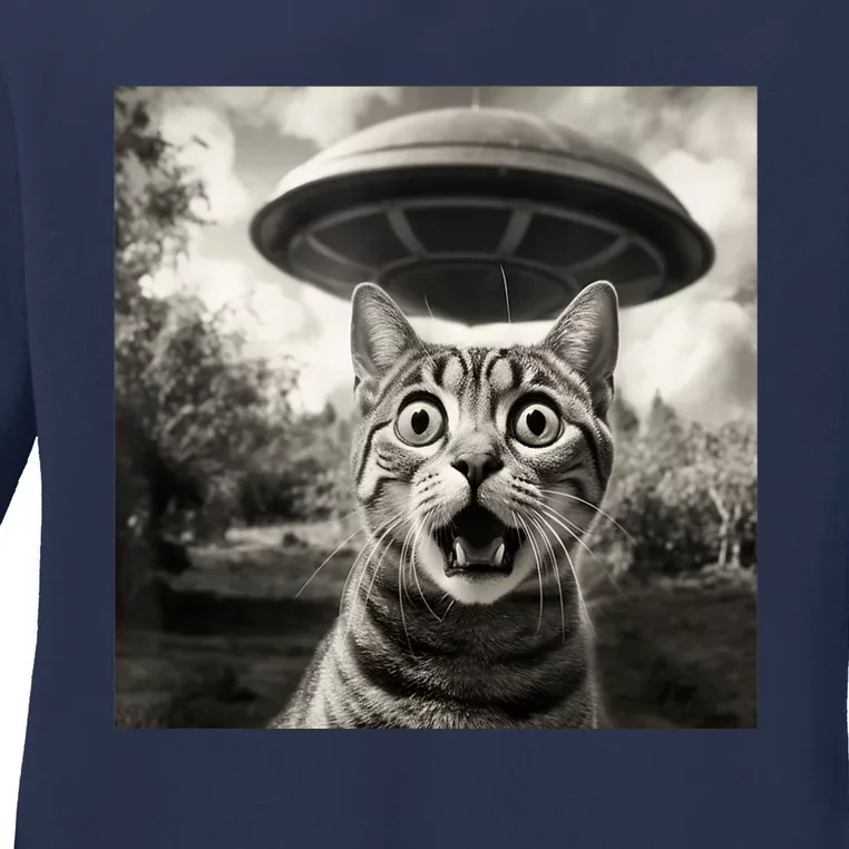 Surprised Cat And UFO Black And White Photo 1950s Alien Ladies Long Sleeve Shirt