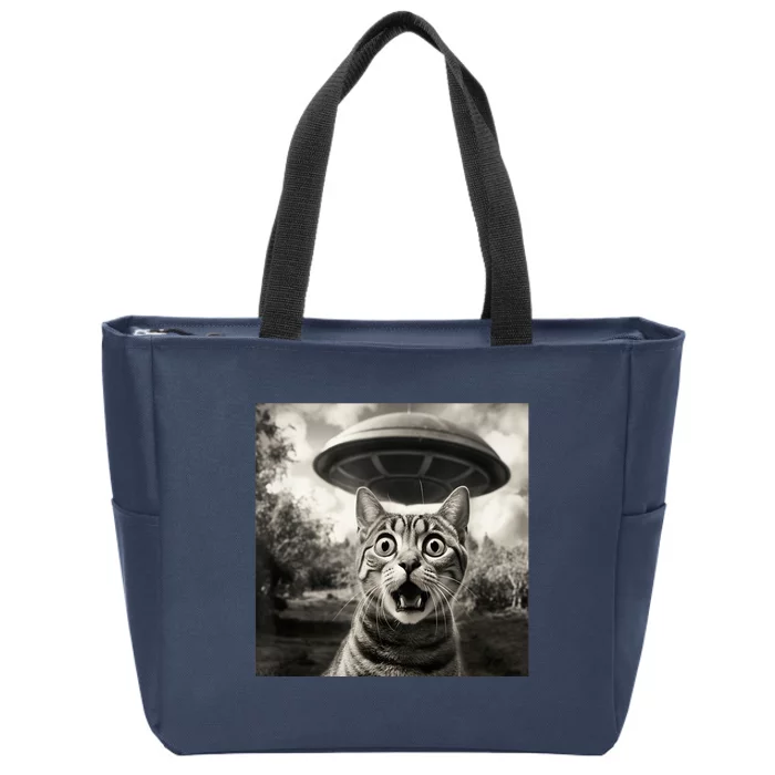 Surprised Cat And UFO Black And White Photo 1950s Alien Zip Tote Bag