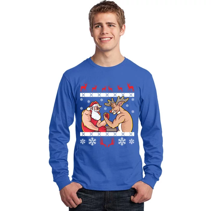 Santa Claus And Reindeer Arm Wrestling Ugly Christmas Cute Gift Tall Long Sleeve T-Shirt