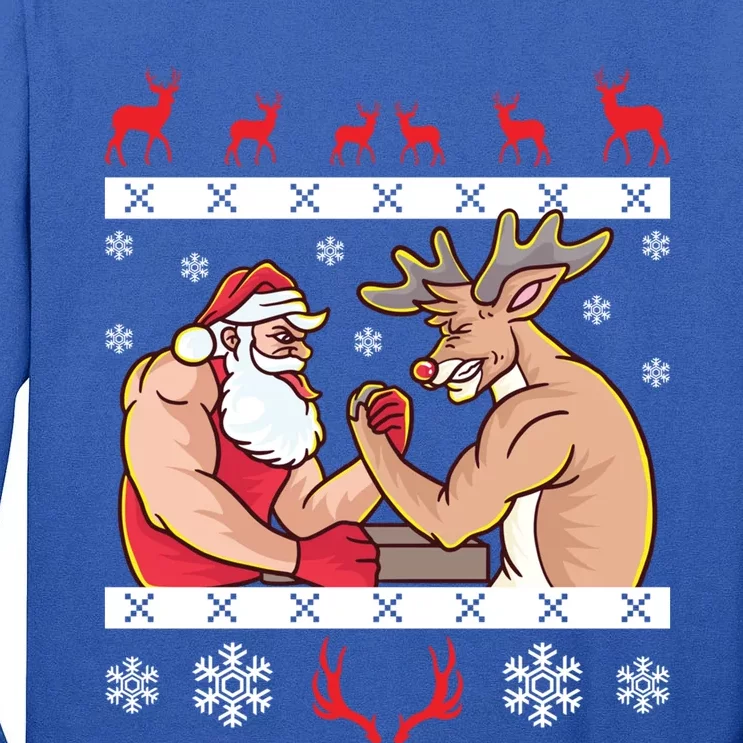 Santa Claus And Reindeer Arm Wrestling Ugly Christmas Cute Gift Tall Long Sleeve T-Shirt