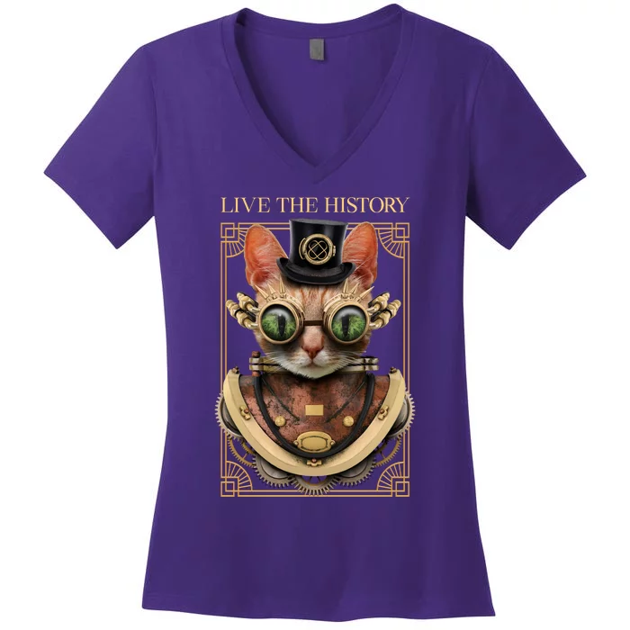 Steampunk Cat Animal Bizarre Women's V-Neck T-Shirt