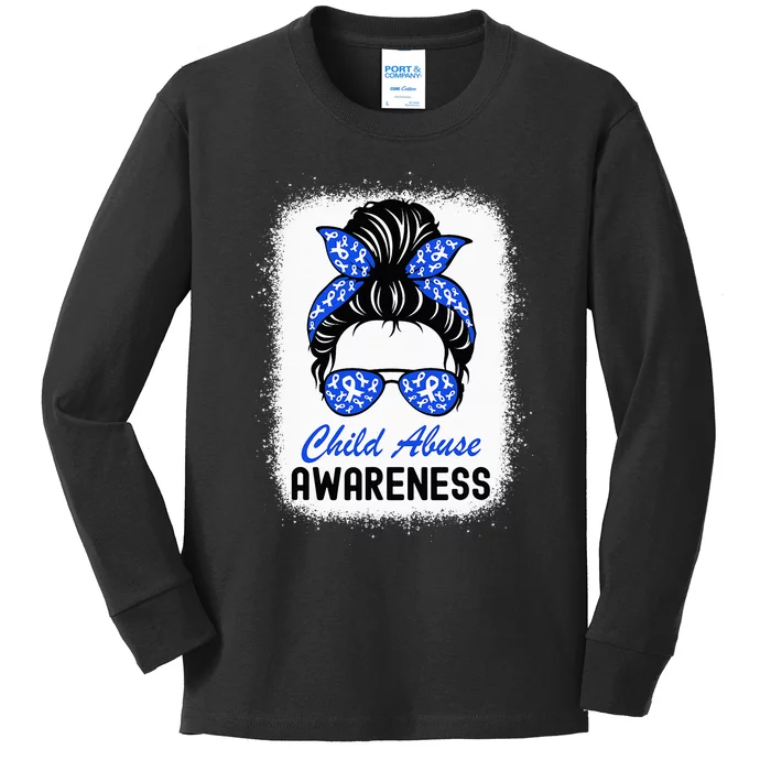 Stop Child Abuse Child Abuse Prevention Awareness Messy Bun Kids Long Sleeve Shirt