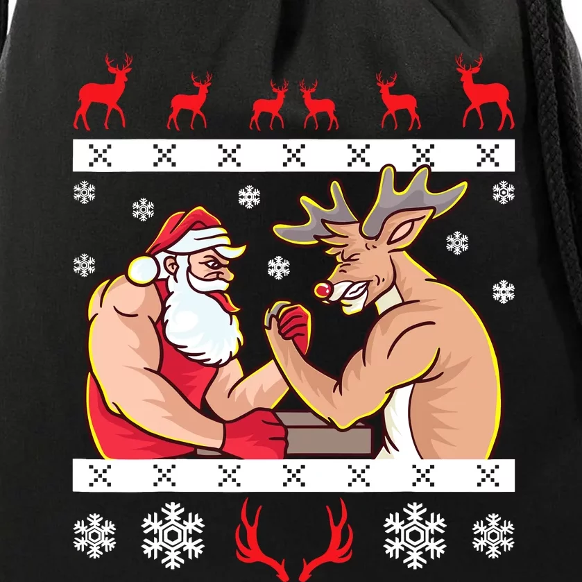 Santa Claus And Reindeer Arm Wrestling Ugly Christmas Drawstring Bag