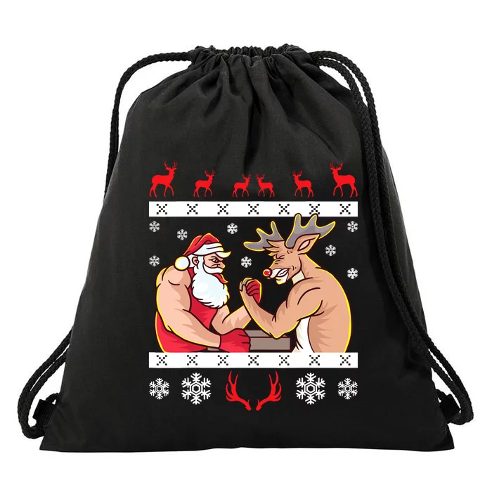 Santa Claus And Reindeer Arm Wrestling Ugly Christmas Drawstring Bag