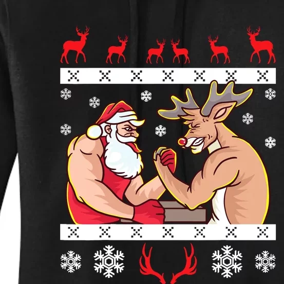 Santa Claus And Reindeer Arm Wrestling Ugly Christmas Women's Pullover Hoodie