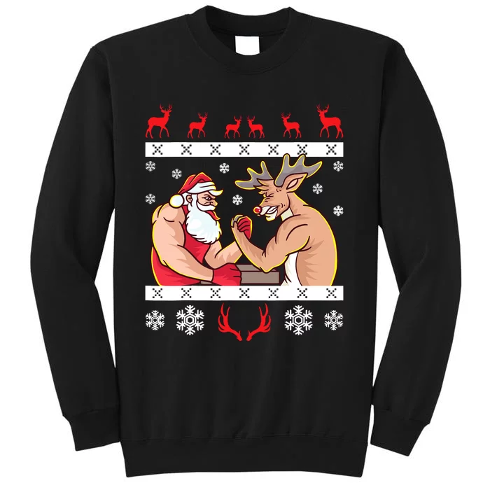 Santa Claus And Reindeer Arm Wrestling Ugly Christmas Tall Sweatshirt