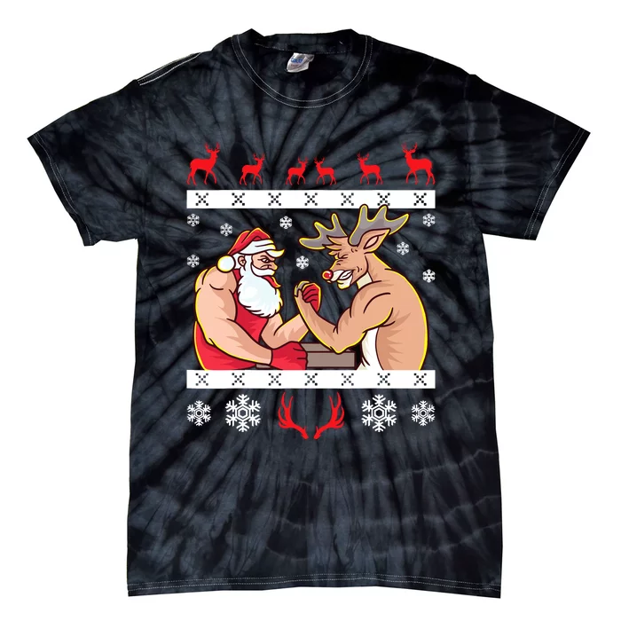 Santa Claus And Reindeer Arm Wrestling Ugly Christmas Tie-Dye T-Shirt