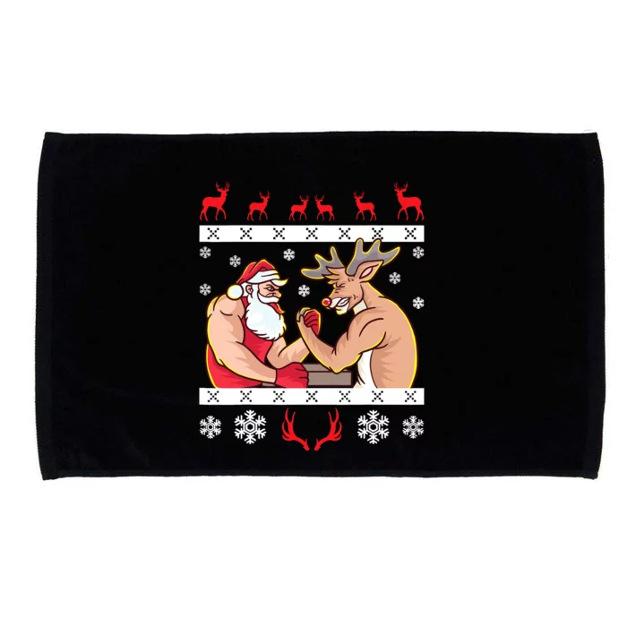 Santa Claus And Reindeer Arm Wrestling Ugly Christmas Microfiber Hand Towel